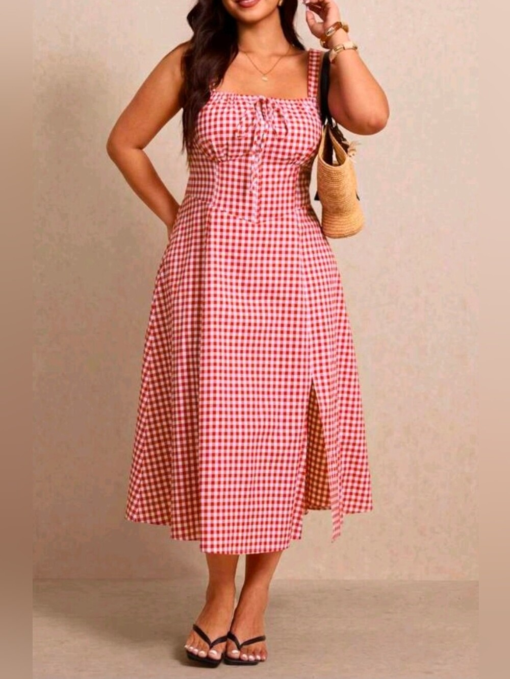 New Gingham Lace Up Back A Line Midi Dress PLUS Red White - Picture 2 of 11